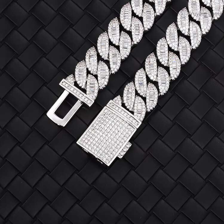 Custom Baguette Chain 15mm Width 925 Solid SIlver With GRA Baguette Moissanite Cuban Link Chain Mens Hip Hop Necklace