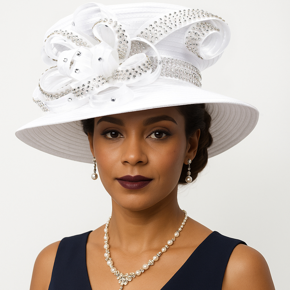 Elegant White Church Hat for Women - Wide Brim Derby Hat with Rhinestone Ribbon Bow, Ideal for Weddings, Tea Parties, and Sunday Service SD724