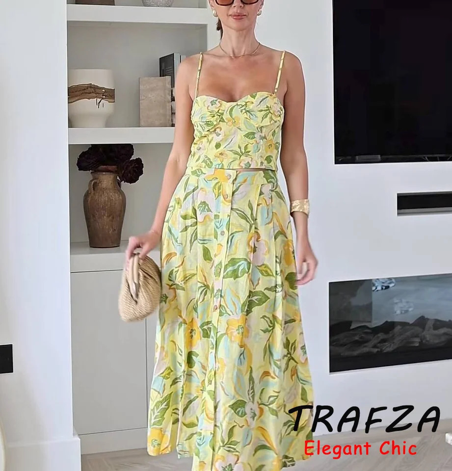 TRAFZA Holidays Beach Floral Skirt Set Womens Camisole Top OR Buttons Midi Summer Fashion Boho Casual Set 250618