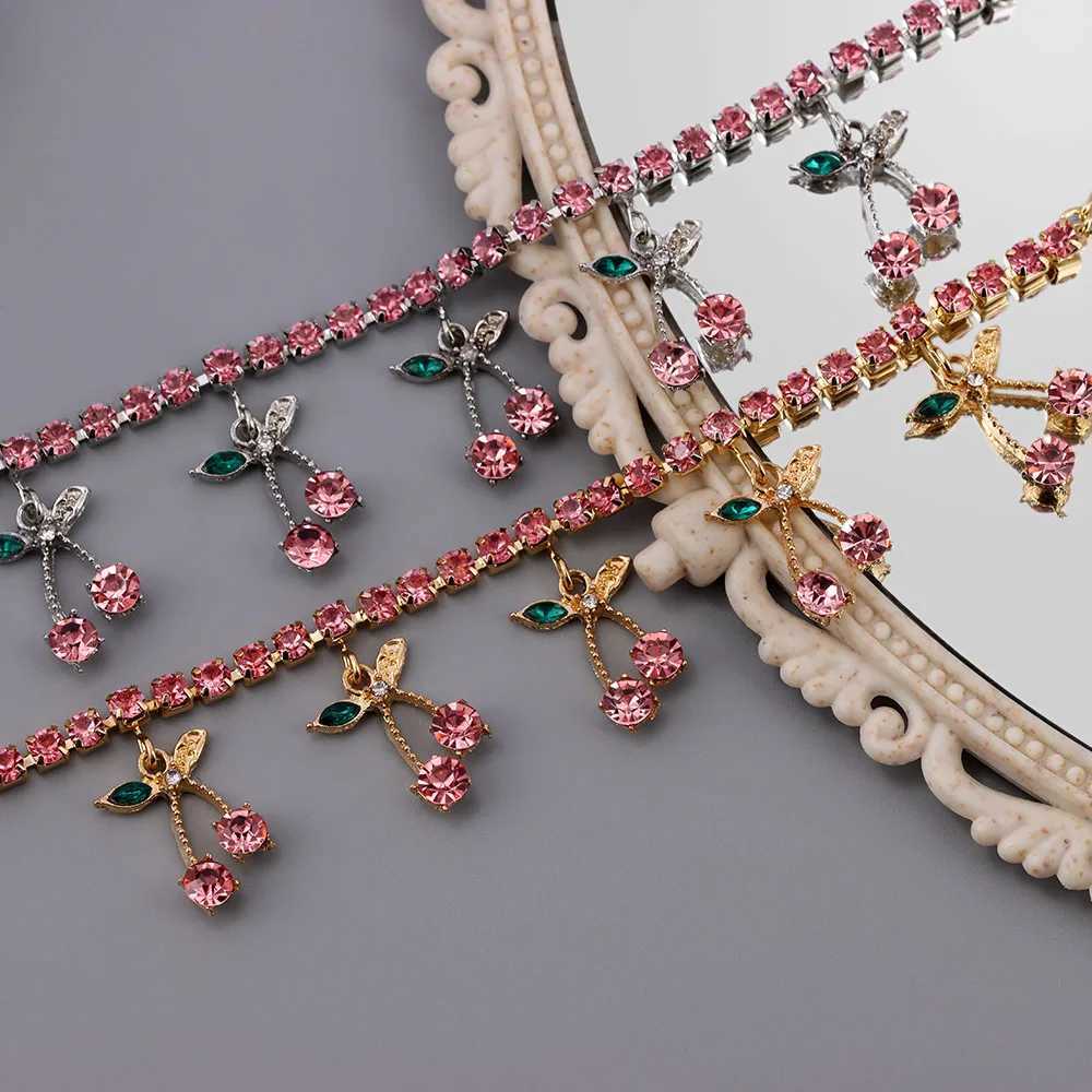 Bohemia Beach Crystal Cherry Chain Anklets For Women New Pink Rhinestone Cherrys Tennis Ankle Foot Bracelet Trendy Jewelry U250624