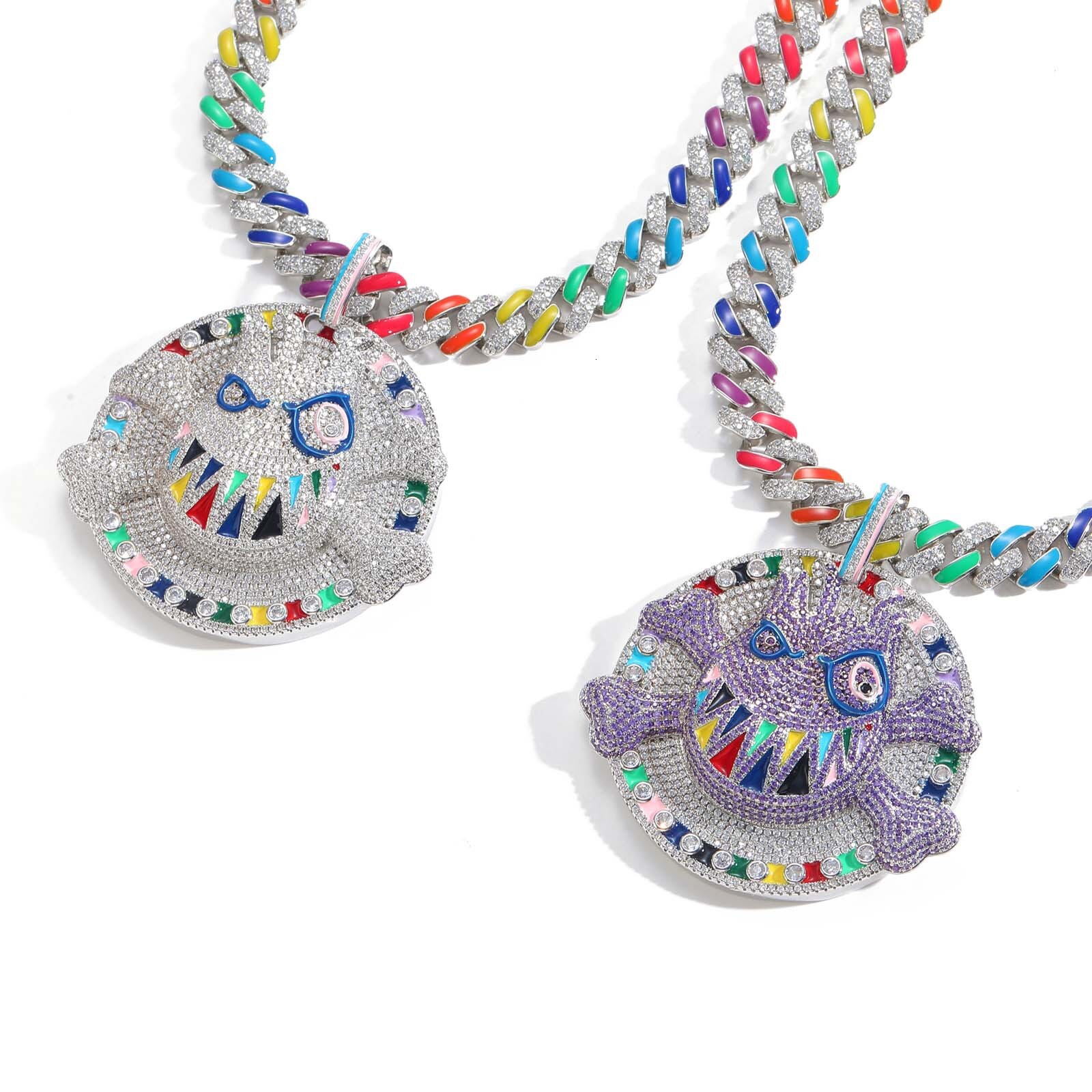 Luxury Moissanite Hip Hop Necklace Cartoon Emoji Pendant Diamond Studded Purple Disk Ghost Face Bone Personalized Exaggerated Accessory Pass the diamo