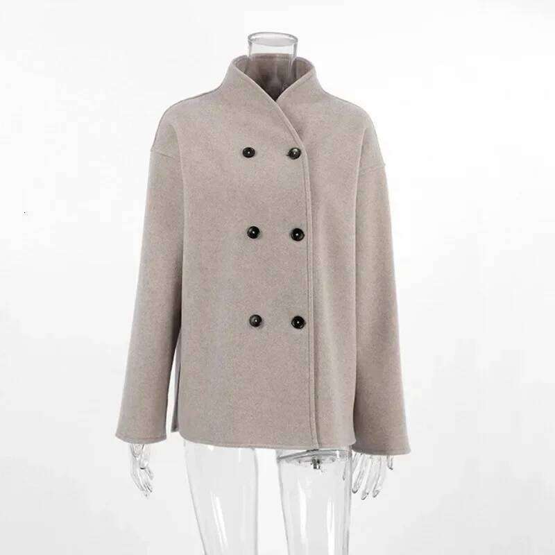 Women Casual Woolen Coats Retro Loose Double Breasted Stand Collar Short Jacket 2024 Autumn Winter Office Lady Street Outerwear