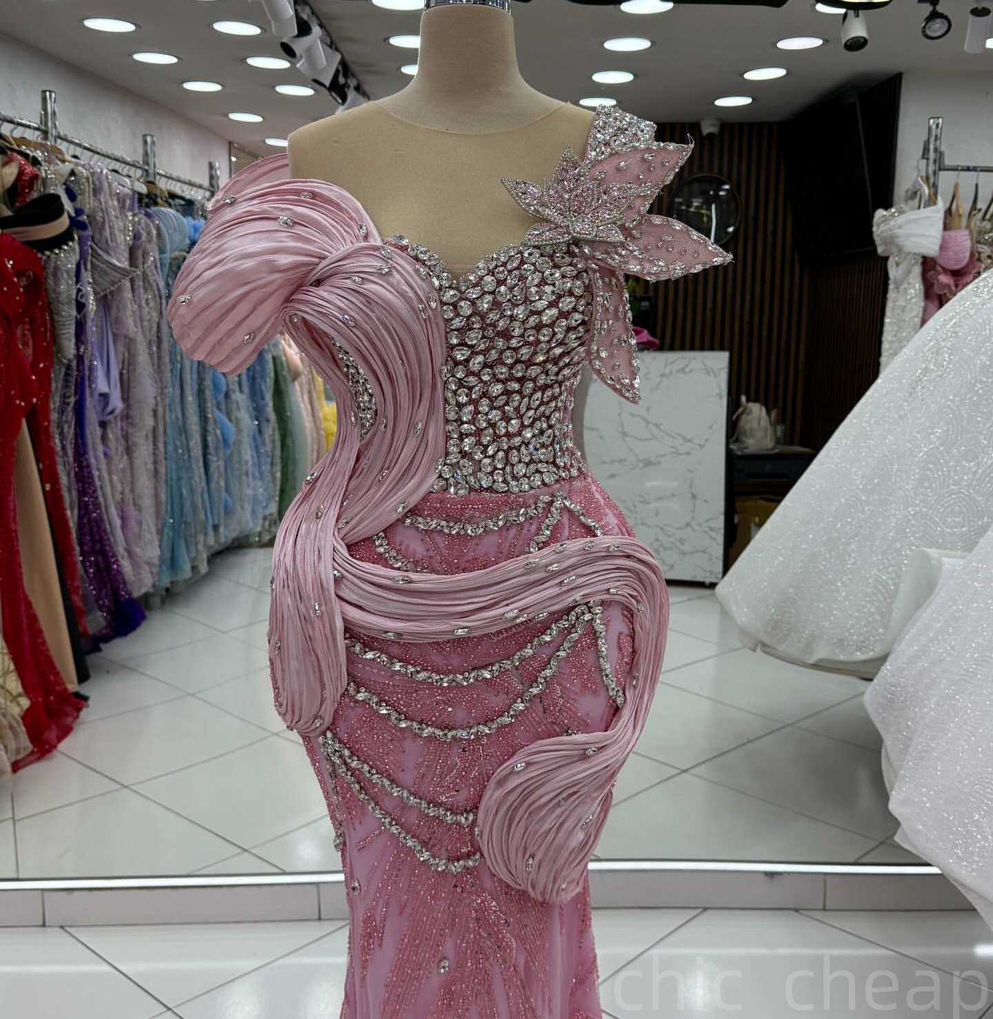 Pink Mermaid Prom Dresses 2025 Rhinestones Flowers Sequined Lace Evening Formal Party Second Birthday Engagement Gowns Plus Size Dress For Special Occ