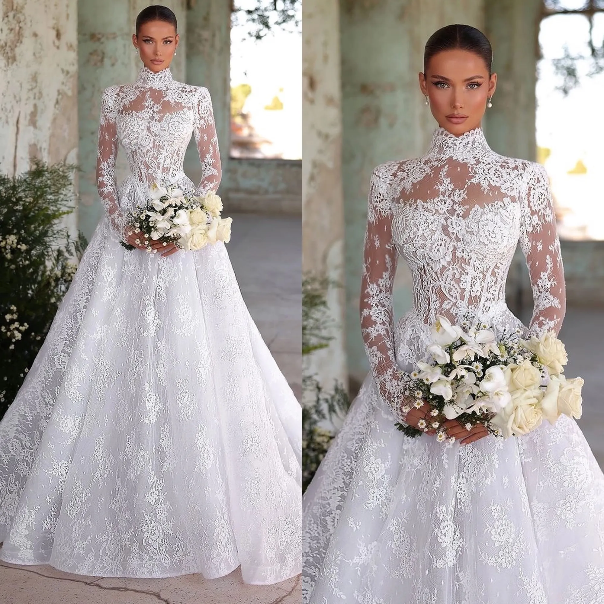 Modest Lace A Line Wedding Dress Elegant Illusion Sleeve Bridal Dress Sweep Train Customized vestidos de novia