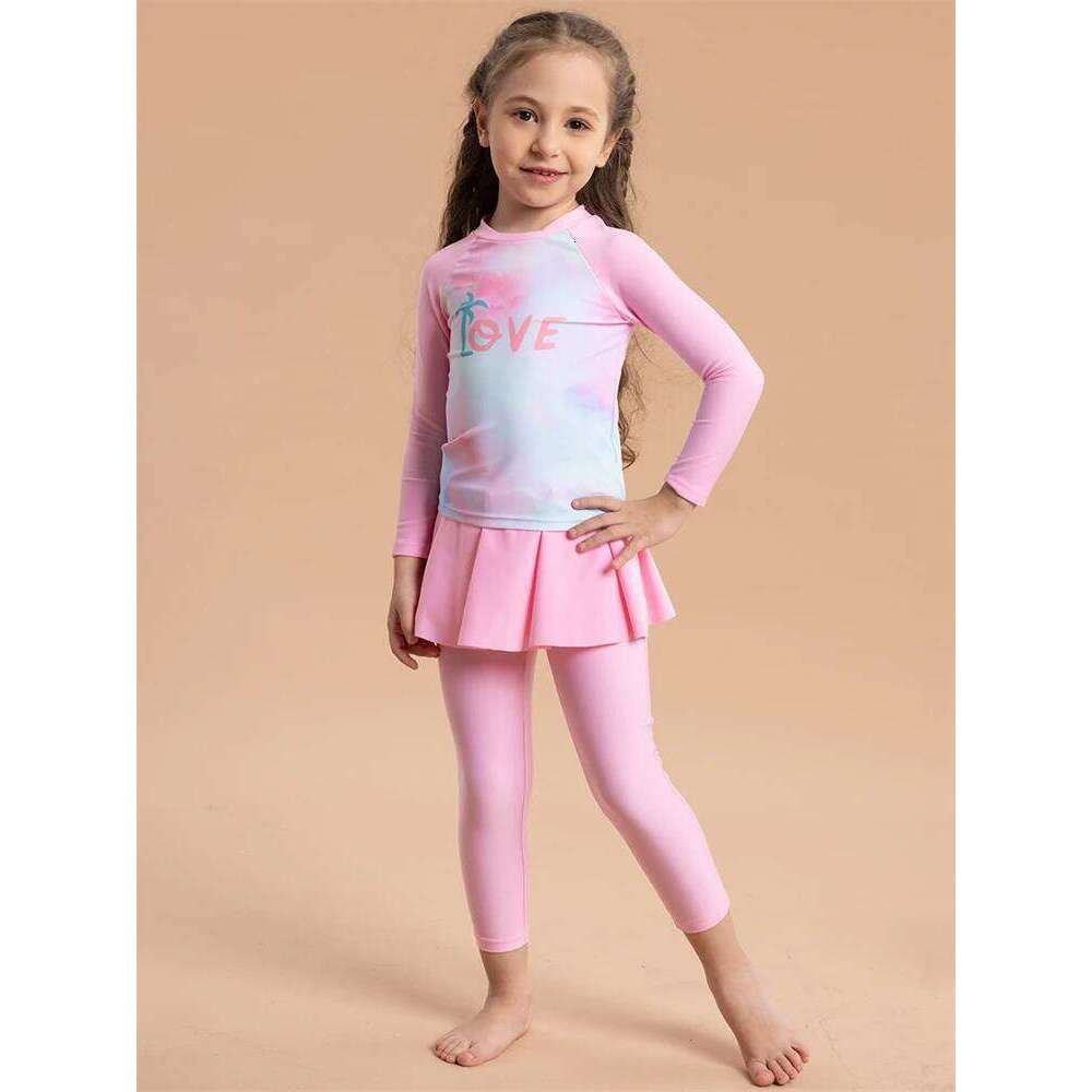 Two Piece Girls Kids Swimsuit 2025 New Pink Tie Dye Long Sleeves Children Swimwear Trousers Short Skirt Beach Wear Bathing Suit