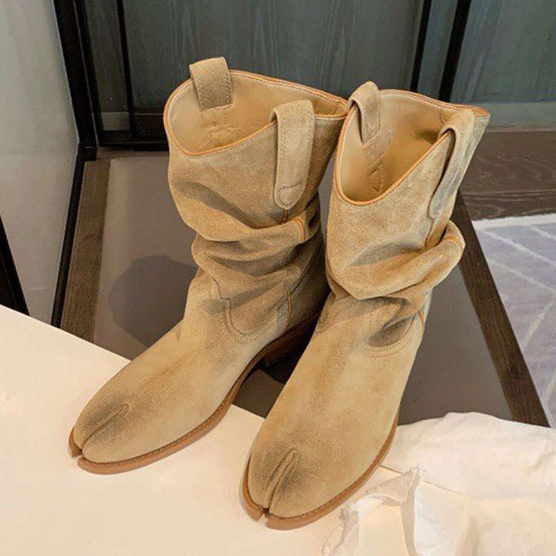 Cowhide Version Grape Mom Style Short Western Slouch Women Genuine Leather Split Toe Denim Chunky Heel Wrinkled Pig Hoof Boots