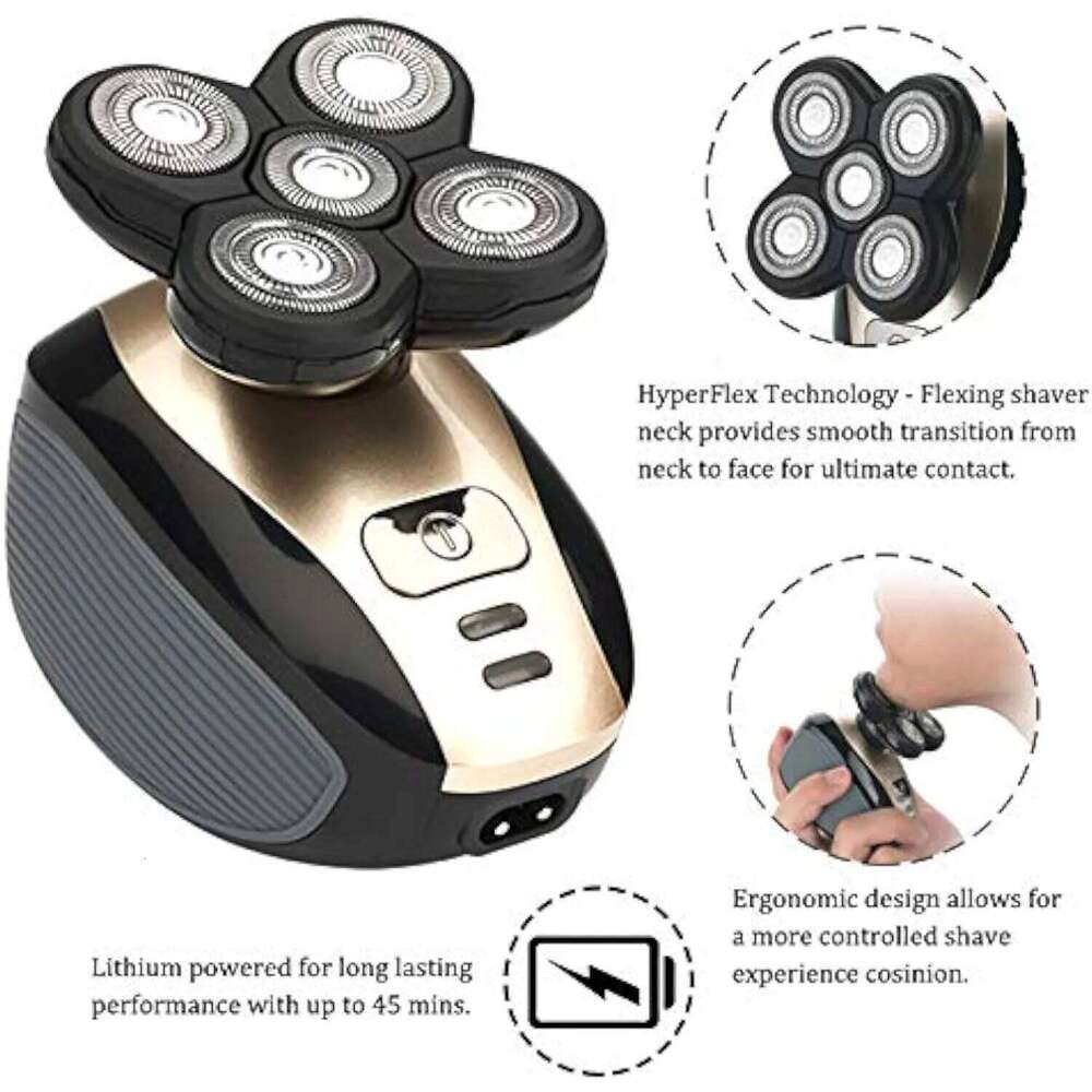 Men's Bald Razor 5 In 1 Waterproof Heads Sideburn Trimmer USB Rechargeable Electric Shaver Hair