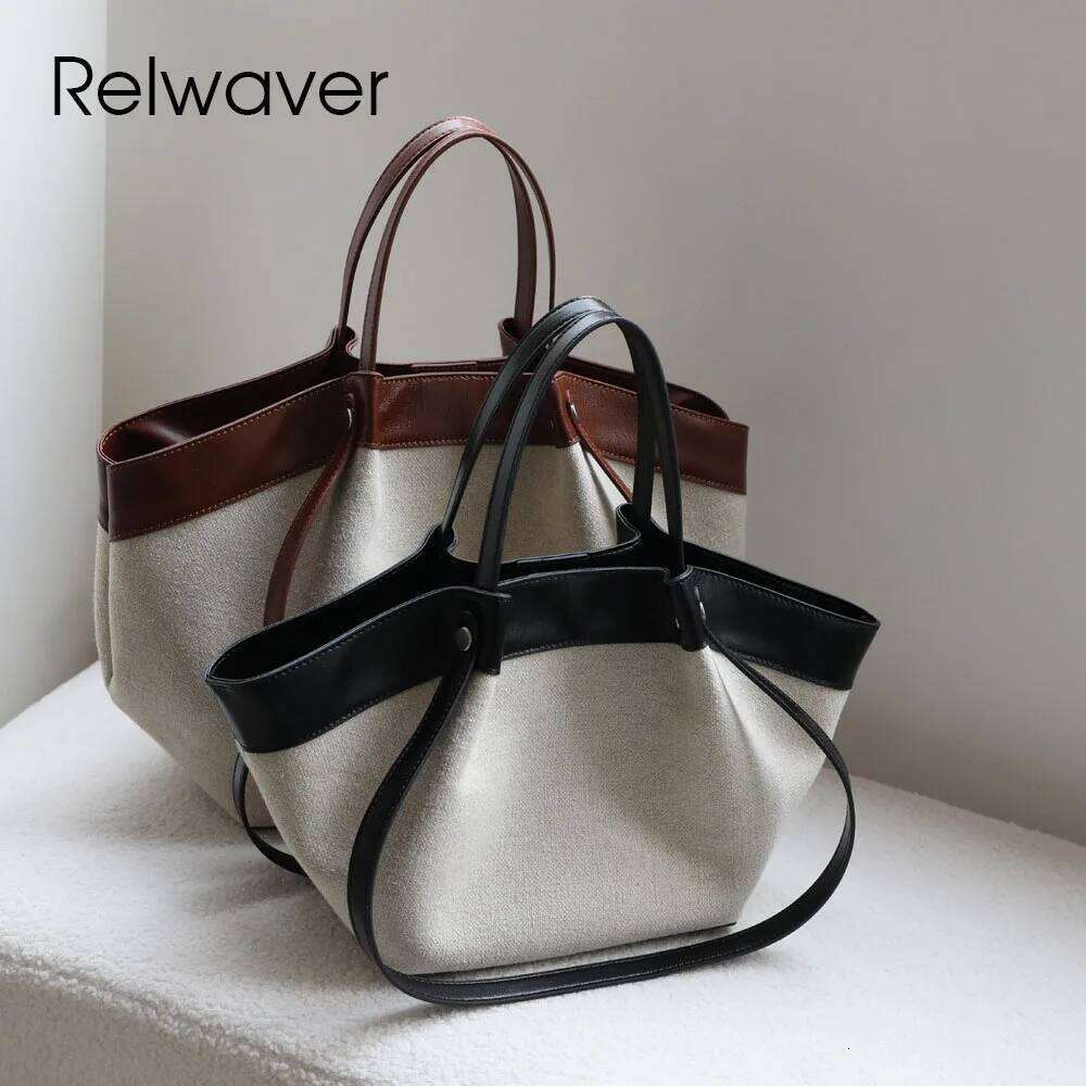 Luxury Designer bags Relwaver canvas genuine leather tote 2025 autumn winter trapeze big small shoulder commuting ladies chic hand bag