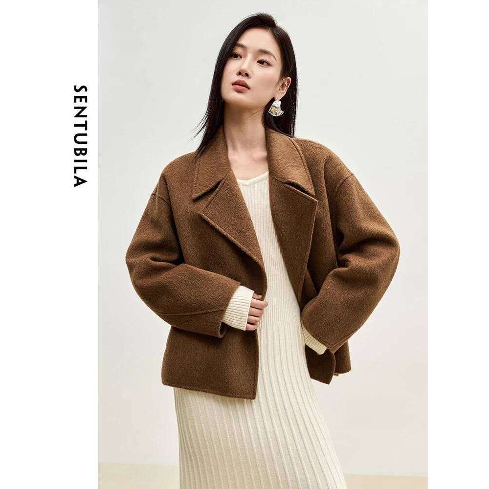 SENTUBILA Winter Short Woolen Jackets Women Outerwear 2024 Fashion Notched Collar Double Breasted Loose Coats Female W44o56123