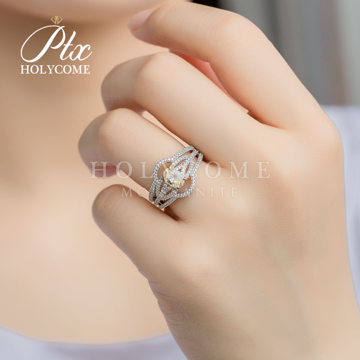 Wholesale Luxury Moissanite Engagement 925 Sterling Silver Hola Wedding Rings Set Elegant Fine Jewelry 1ct Champagne Color Ring for Women