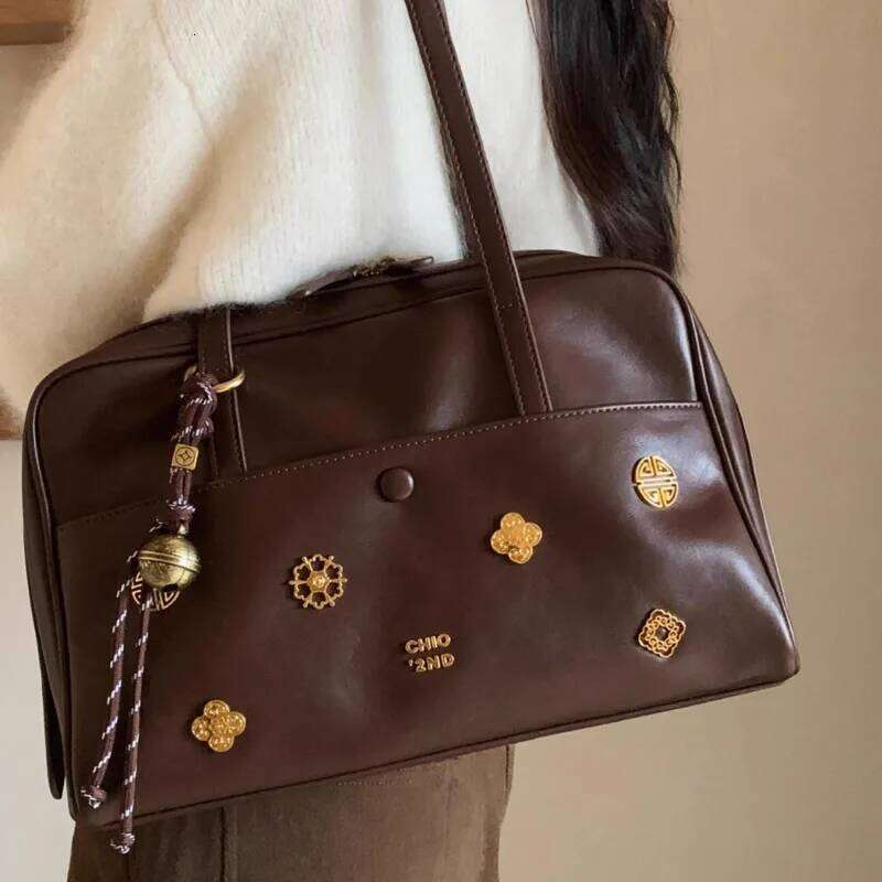 Retro Printed Pendant Boston Women's Shoulder Large Capacity PU Leather Lady Tote Underarm Outdoor Bag