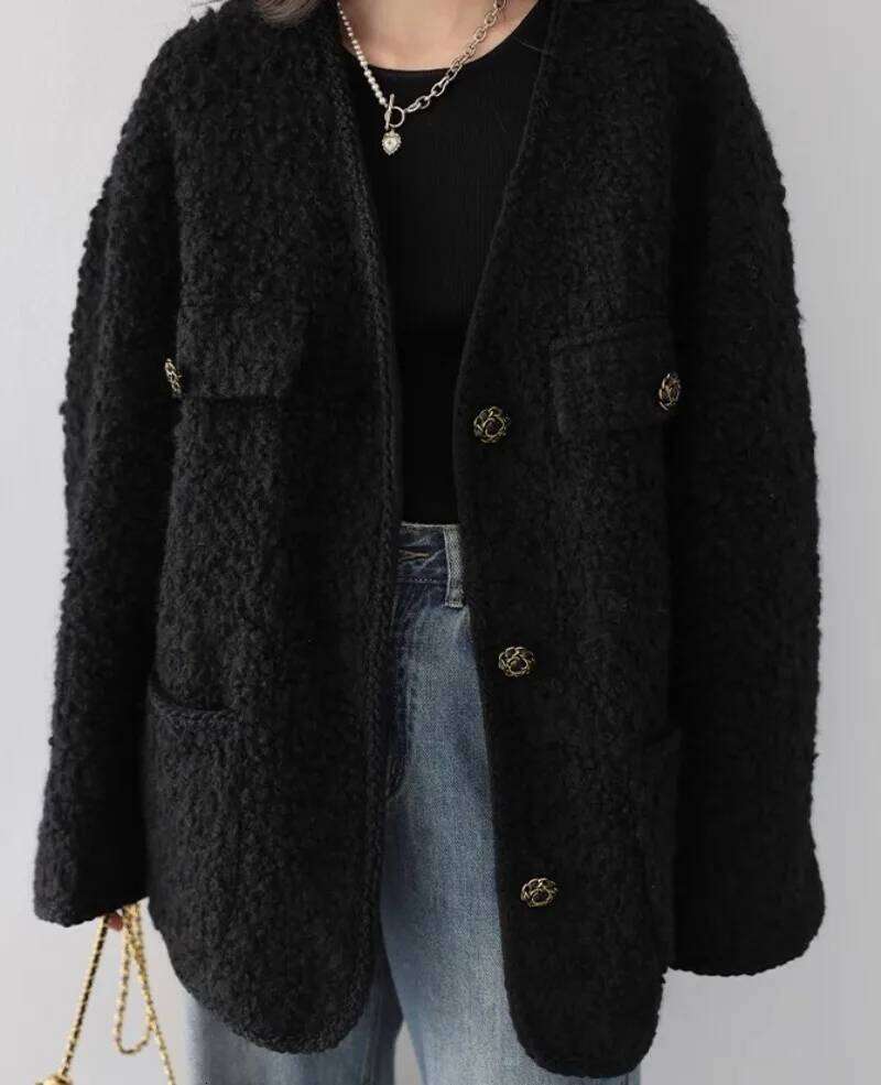 Sweet Hot Girl Elegant V-neck Woolen Coat Women's Autumn/winter Retro Loose Tweed Long-sleeved Jacket Fashion Female Clothes