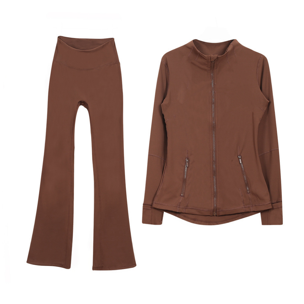 L310 Women Yoga Outfit Two Pcs Suits Long Flared Pant Jackets Set Close-Fitting Fitness WearElastic Workout Sportswear Elastic Bell-bottom Trousers