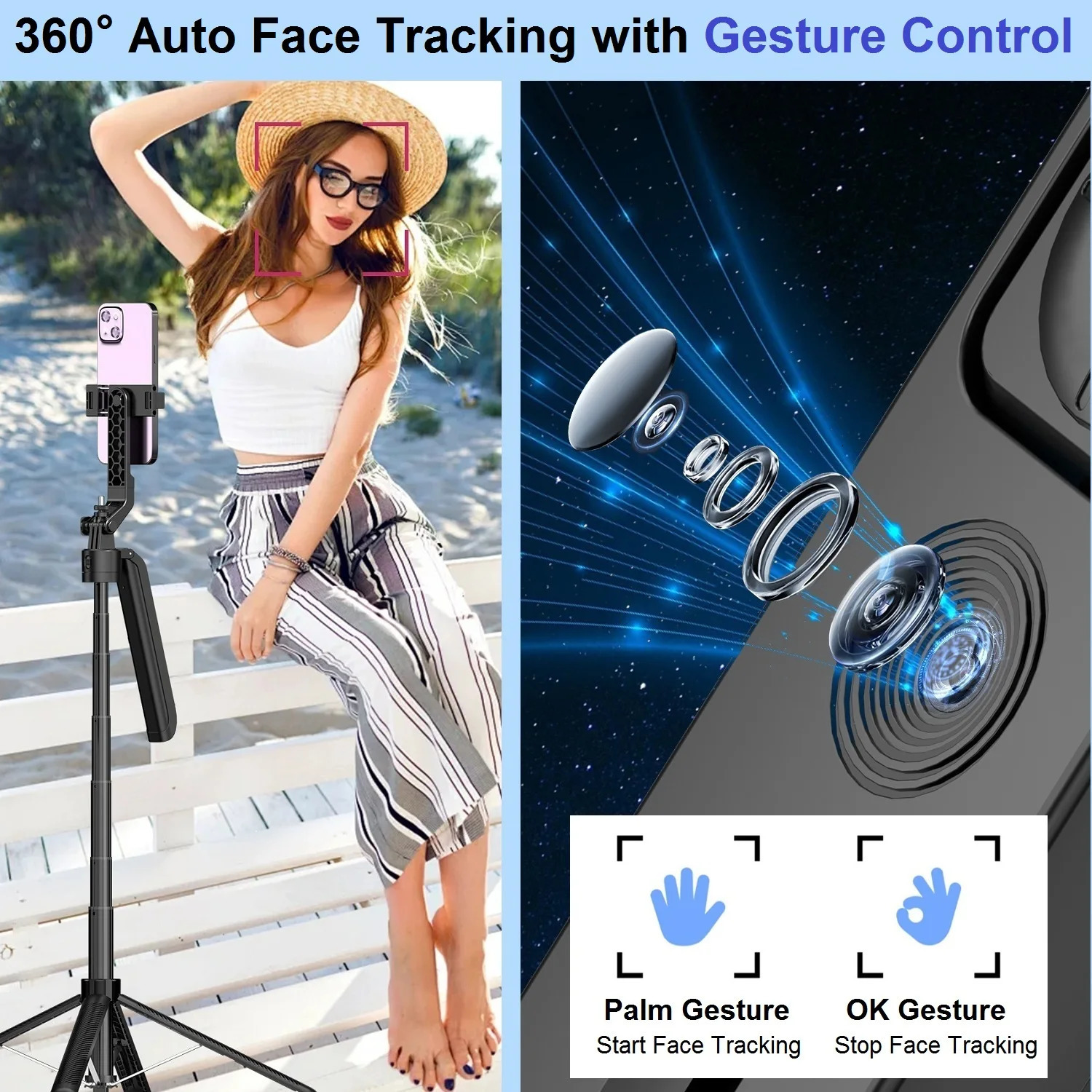 Auto Face Tracking Tripod 360° Rotation 71 Extendable Phone Selfie Stick Smart Holder for Vid 250612