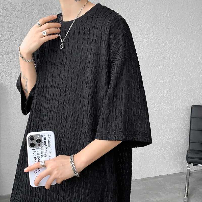 Summer Texture Short Sleeve Men T Shirt Korean Style Loose O Neck Fashion Casual Cool Tshirt Oversized Hollow out Tops White 250617