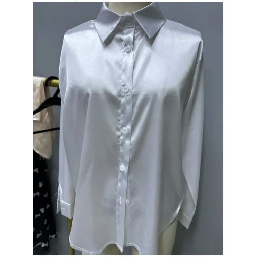 Spring Satin Shirt Women Loose Button Up Red Blouse Shirt Ladies Silk Long Sleeve Shirt For Women 250617
