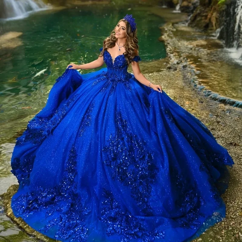 Royal Blue Shiny Quinceanera Dresses Applique Lace Beads Off Shoulder Tull Sweet 16 Dress Vestidos 15 De Anos