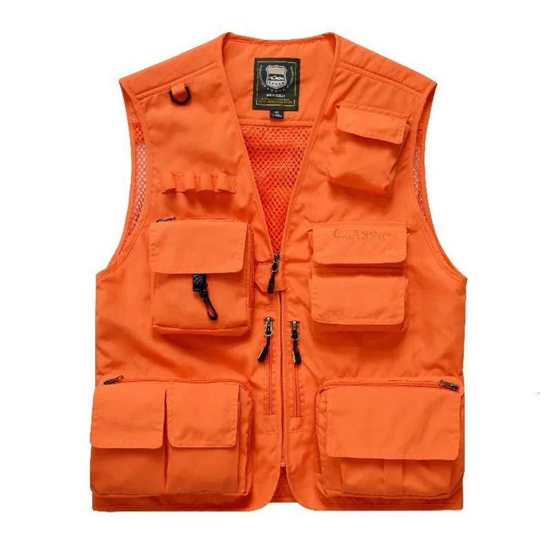 Plus Size Mens Outdoor Vest Hiking Fishing Hunting Orange Multi-pocket Waistcoat Quick-dry Breathable Tactical Vest 250617