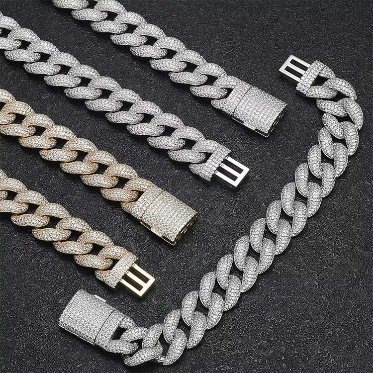 Mens New Fashion Cuban Link Chain Set Gold and Silver Plated Brass with CZ Zircon Stone Necklace
