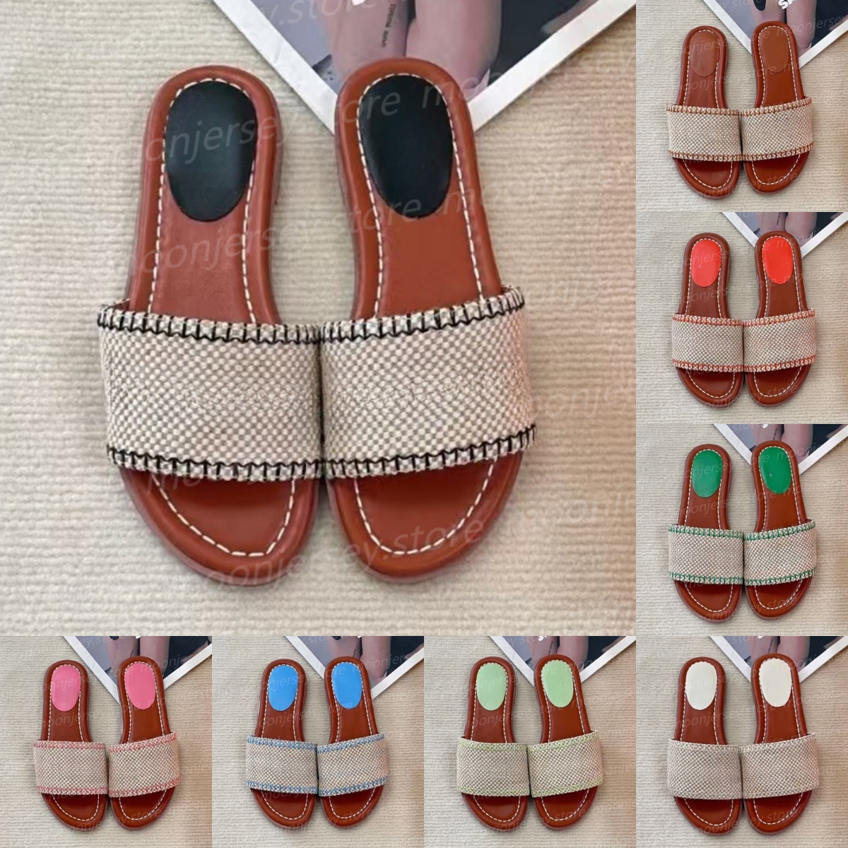 (go off picture not the description) Fashion Designer Slippers Flat Bottom Woven Shoes Women's Summer Holiday Slippers 31659