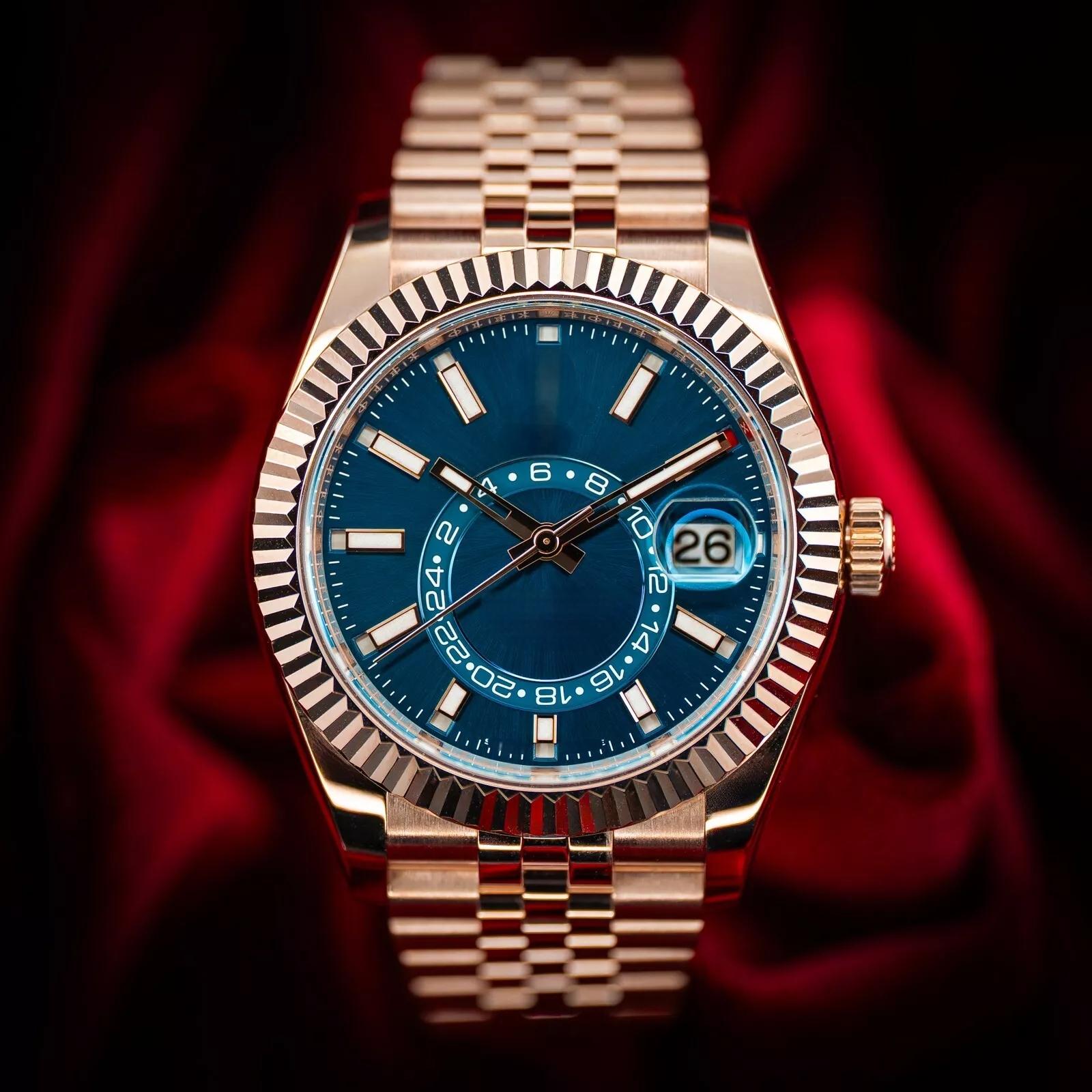 Brand Rol Mens Watch Movement Sky-Dweller Blue Dial Rose Gold Sunburst 42mm Jubilee Fluted Sky - 336935 Automatic Waterproof sapphire Wristwatches