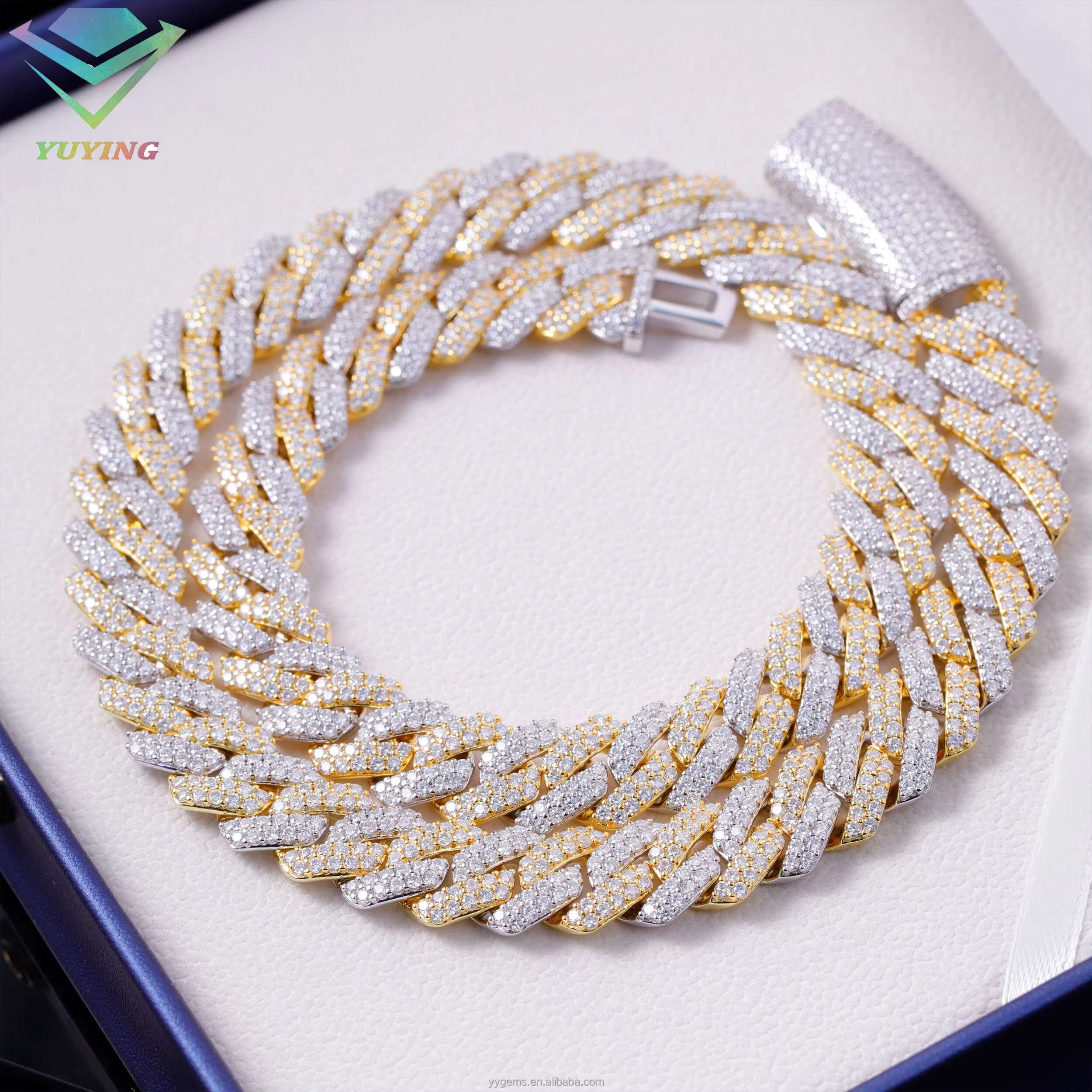 Yy New Design 14 mm 2 Tones 2rows Diamond Cuban Link Chian Iced Out Vvs Moissanite 925 Silver Fine Jewelry Necklaces for Men