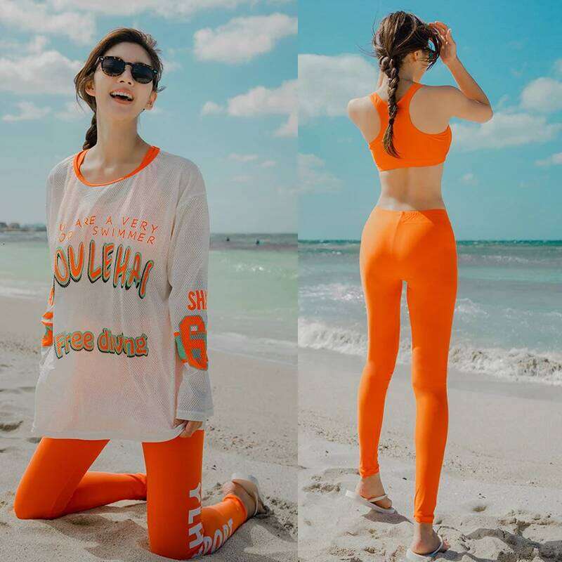 Women's Rash Guards Cover Up With Swimsuit Beach Bikini And Leggings Swimwear Beachwear Orange Tights Bodysuit Surfing Suits