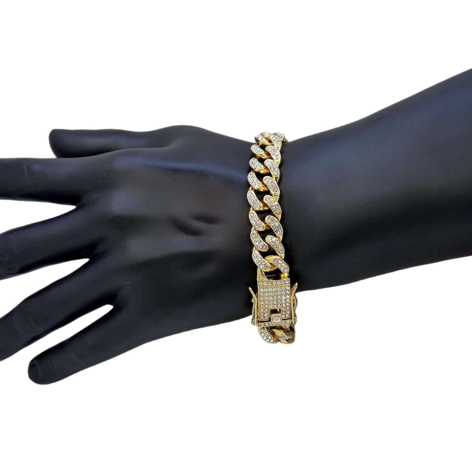 Full Diamond Cuban Chain Necklace Bracelet Gold Plated Hip Hop Style for Men and Women Personalities Fashions Suit