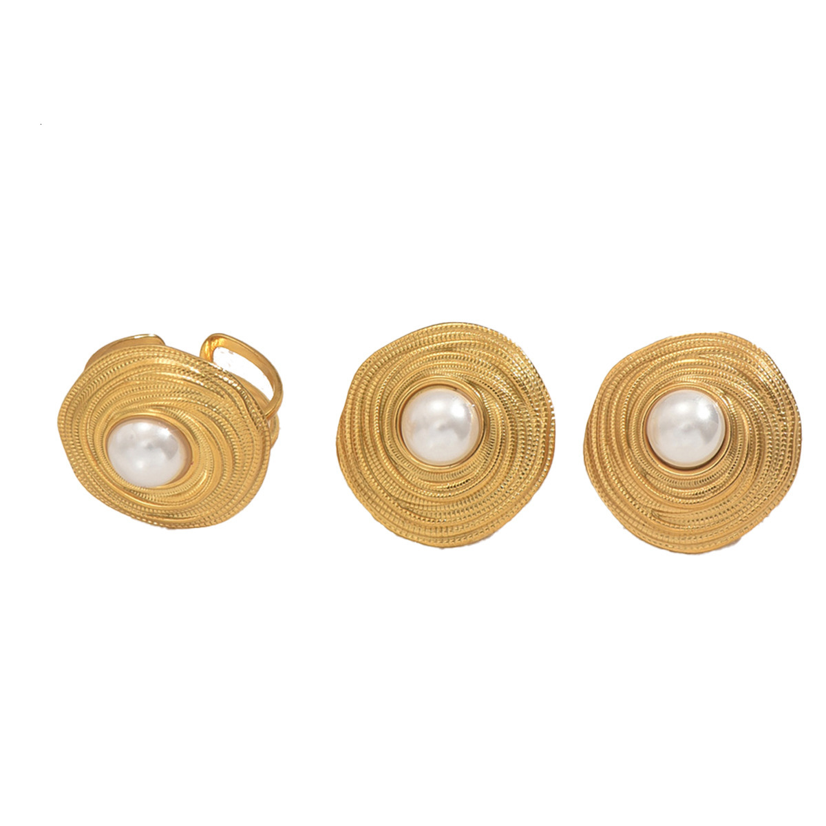 Wind Women's And Earring Set Personality Round Design Inlaid Pearl Stud Open Ring For Women
