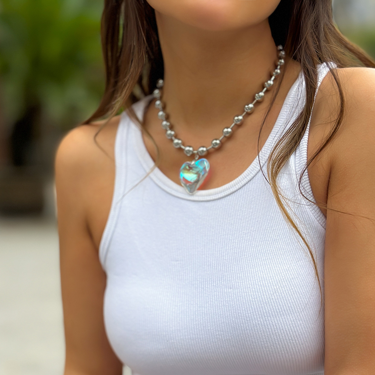 Creative Round Bead Chain Pendant for Women Versatile Colorful Peach Heart Pattern Necklace Jewelry