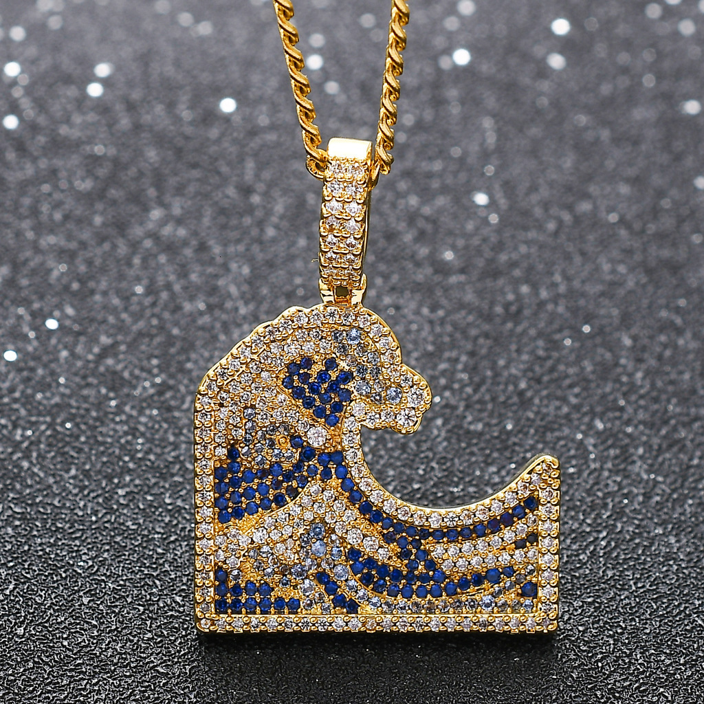 Luxury Moissanite Bling Iced Out Great Wave Kanagawa Colorful Diamond Studded Hip Hop Men's Trendy Necklace Accessory Pass the diamond tester