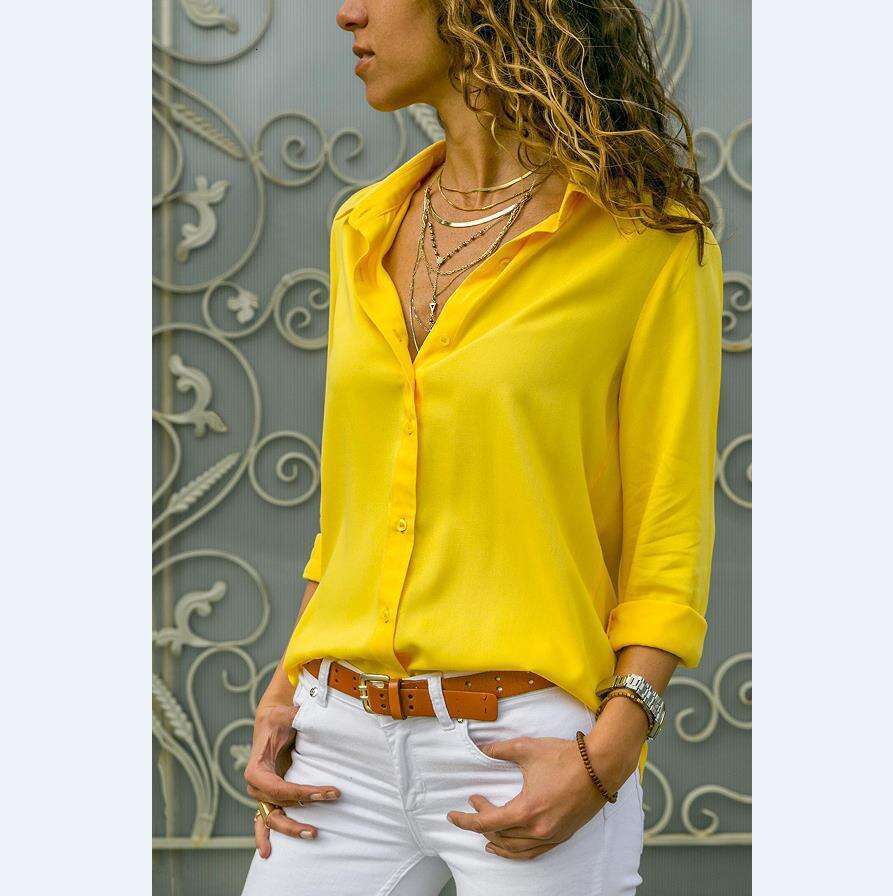 Autumn Winter Women's New Long Sleeve Deep V Button Chiffon Blouse B5