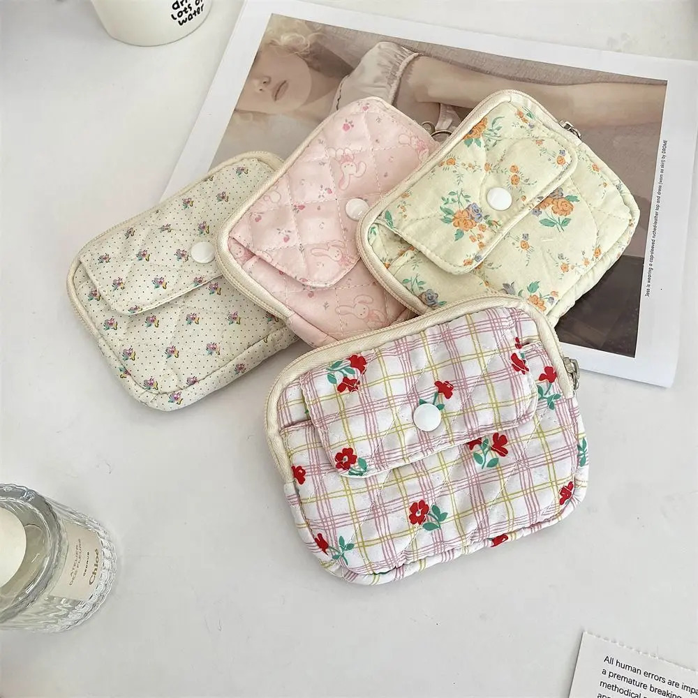 Kawaii Floral Coin Purse Korean Style Cartoon Printing Small Makeup Lipstick Bag Multifuctional Jewelry Packing Bag R250624