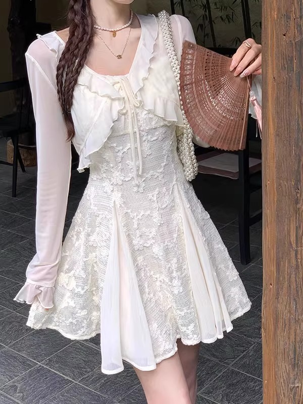 K1117 Women's ruffled cardigan sun protection clothing thin shawl with suspenders dress outer cover tulle top blouse