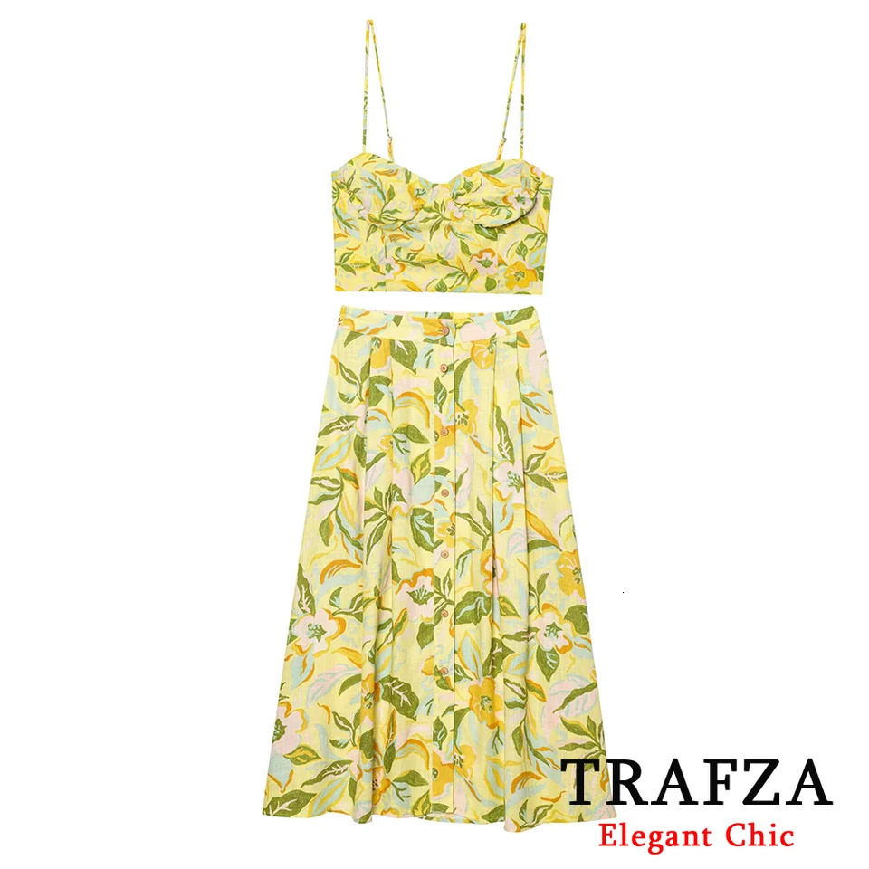 TRAFZA Holidays Beach Floral Skirt Set Womens Camisole Top OR Buttons Midi Summer Fashion Boho Casual Set 250618
