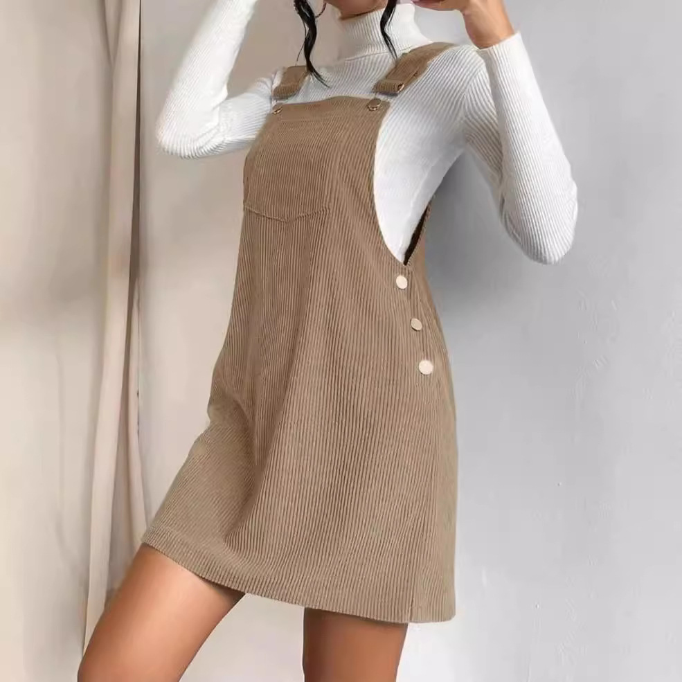 New Spring Corduroy Loose Sleeveless Strap Dress Solid Color Slip Dress 210413