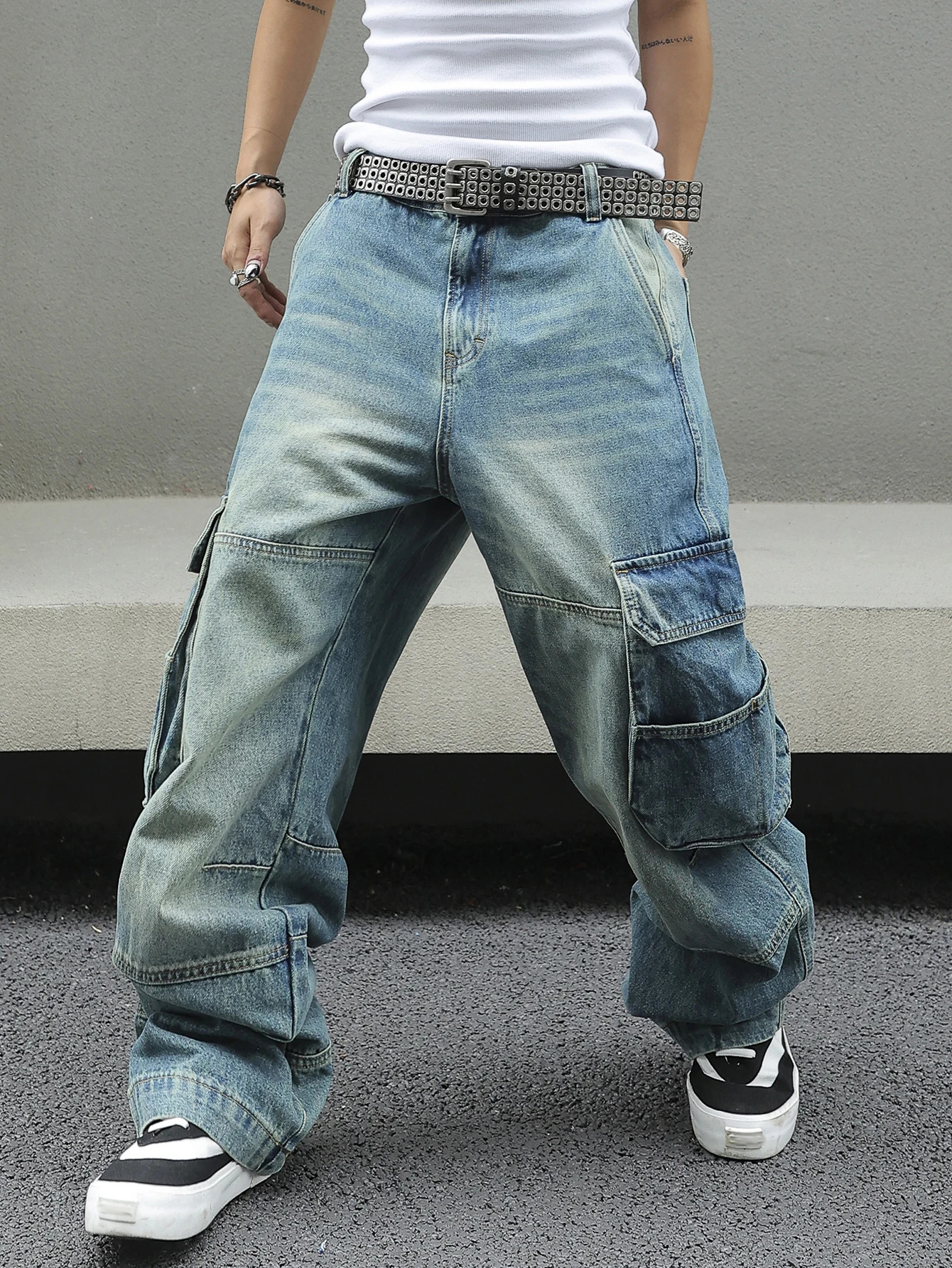 Mens Baggy Denim Cargo Pants Multi-Pocket Wide-Leg Jeans Vintage Washed Loose Fit Streetwear Style 250624