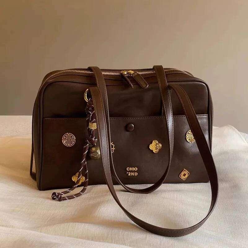 Retro Printed Pendant Boston Women's Shoulder Large Capacity PU Leather Lady Tote Underarm Outdoor Bag