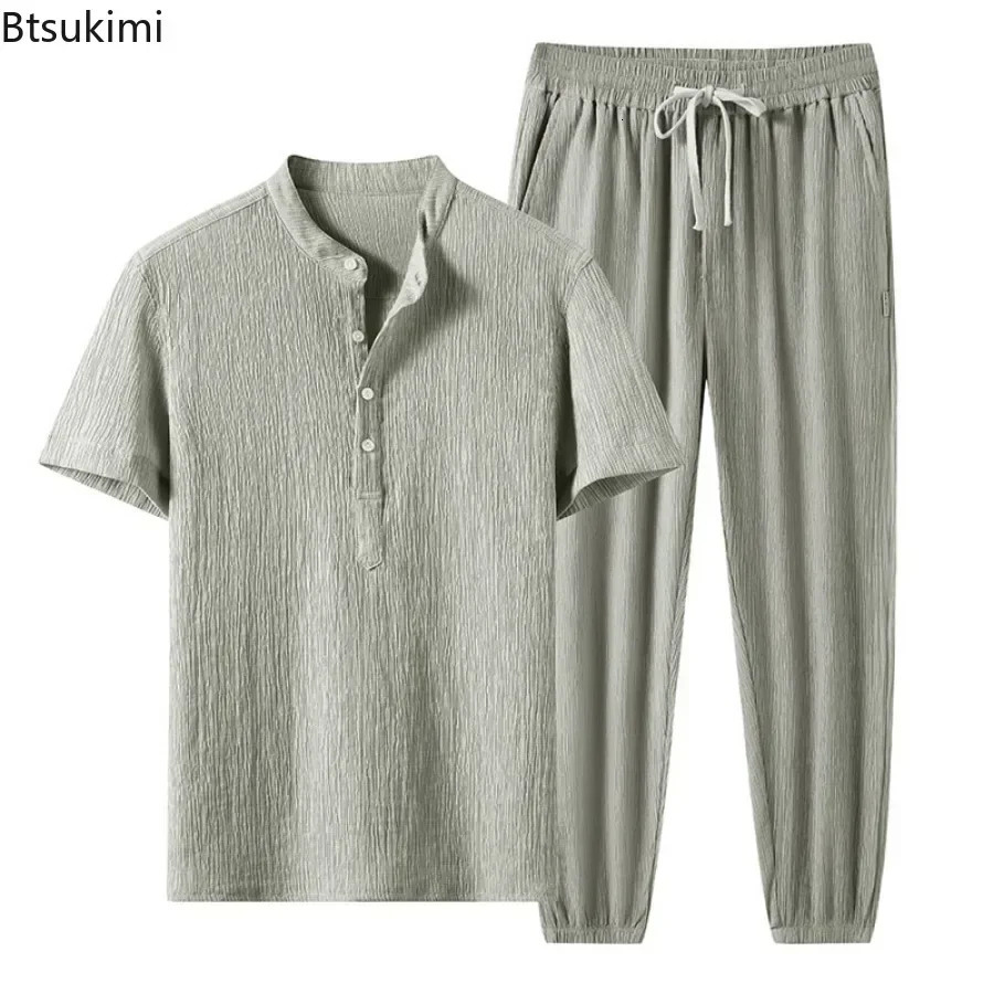 Mens Casual Pant Sets Spring Summer Ice Silk Breathable Short Sleeve T-shirts and Pants Two Pieces Sportswear Outfits Male 250617