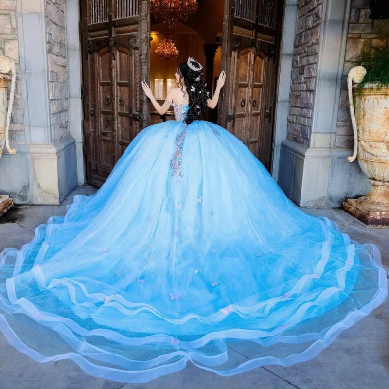 Light Blue Quinceanera Dresses Off The Shoulder Beading Appliques Bow Tull Corset Mexican Girls Sweet 16 Dress Ball Gown Vestidos 15 De Anos