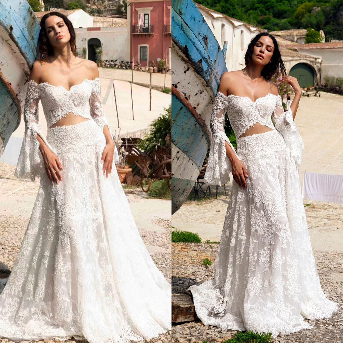 Boho Beach Wedding Dresses A Line 2 Pieces Lace Bride Gowns Off Shoulder Custom Made Pagoda Sleeves Party Dresses for Brides Engagement Birthday