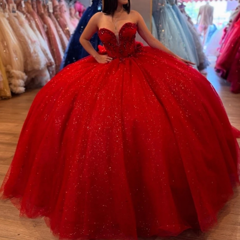 Red Shiny Princess Quinceanera Dresses Ball Gown Beading Crystal Bow Tull Corset Sweet 16 Dress Vestidos De 15 Anos