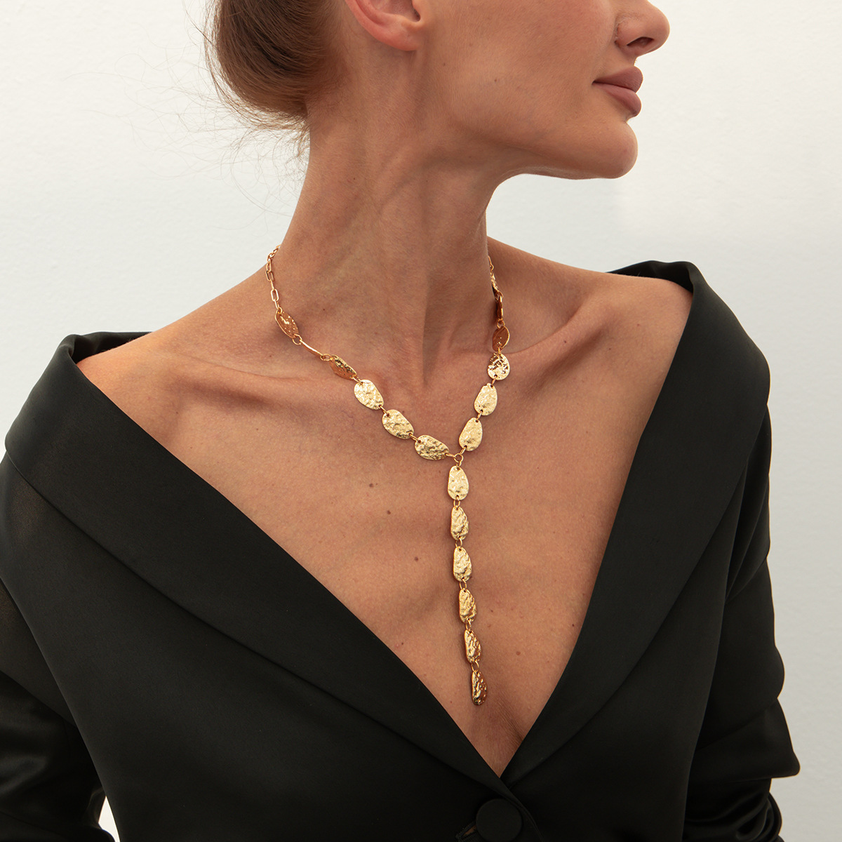 Unique Irregular Hammered Pattern Y-Shaped Necklace for Women, Elegant Long Minimalist Metal Jewelry