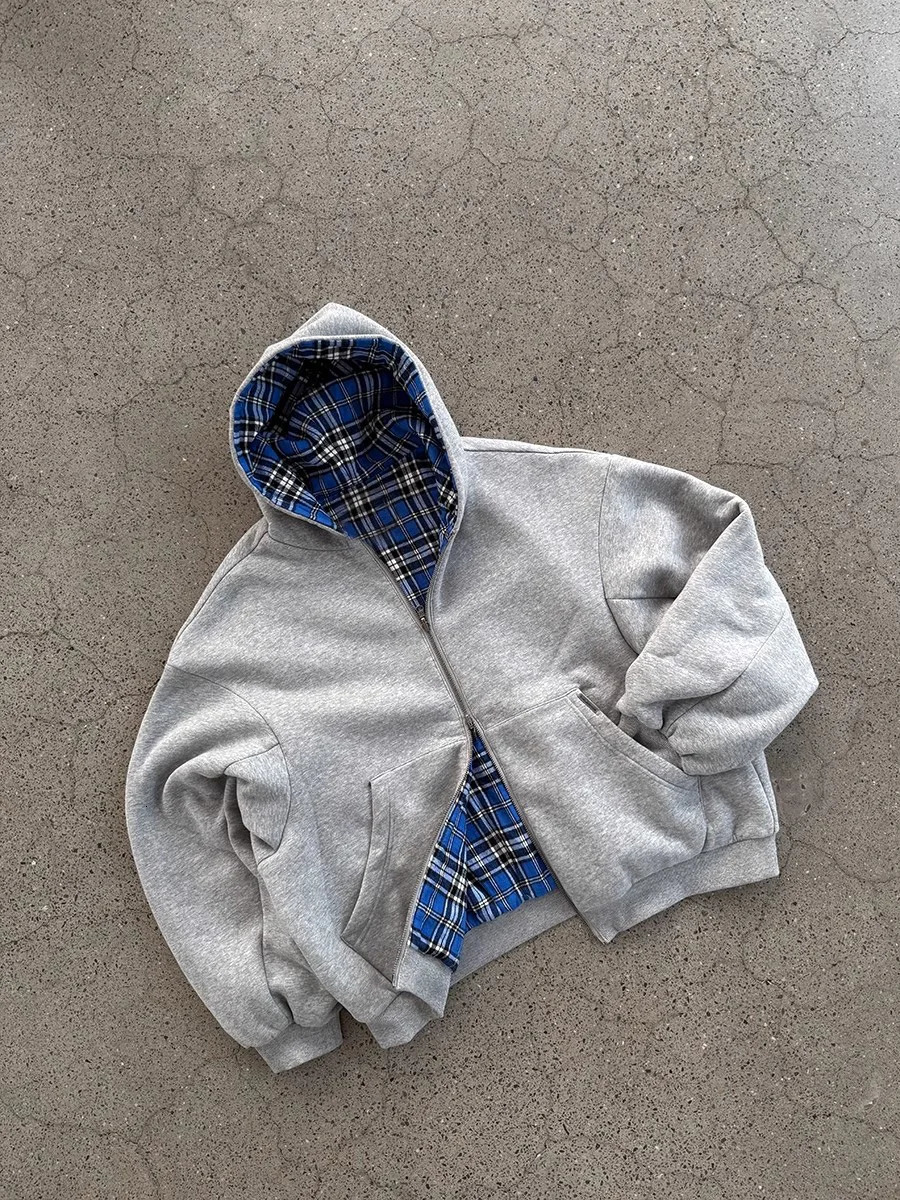 Mauroicardi Spring Oversized Reversible Hoodies Men er Clothing Hoodie with Plaid Lining Sweatshirt Streetwear 250618