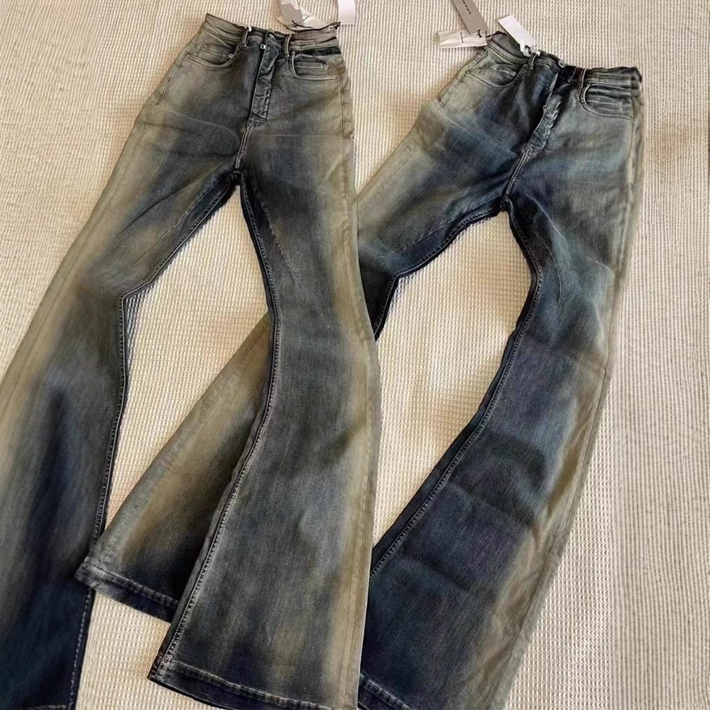 Men's Jeans Owens Style Streetwear Black Glue Coated Boot Cut For Men And Women Straight Baggy Casual Flare Pants Oversized Loose Denim Trousers