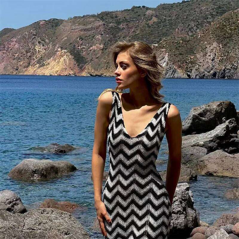 Women Striped Knit Swimsuit Bikini Cover up, Beach Cover-up, Sexy Deep V Backless Long Dress, Crochet Swimwear Sarong Female