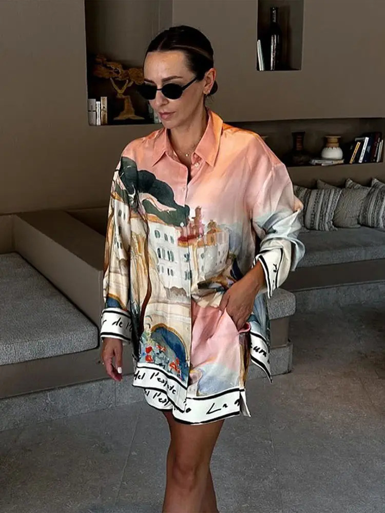 Fashion Printed 2 Piece Set Loose Lapel Button Long Sleeved Shirt Elastic Waist Shorts Suit 2025 Spring Summer Beach Lady 250618