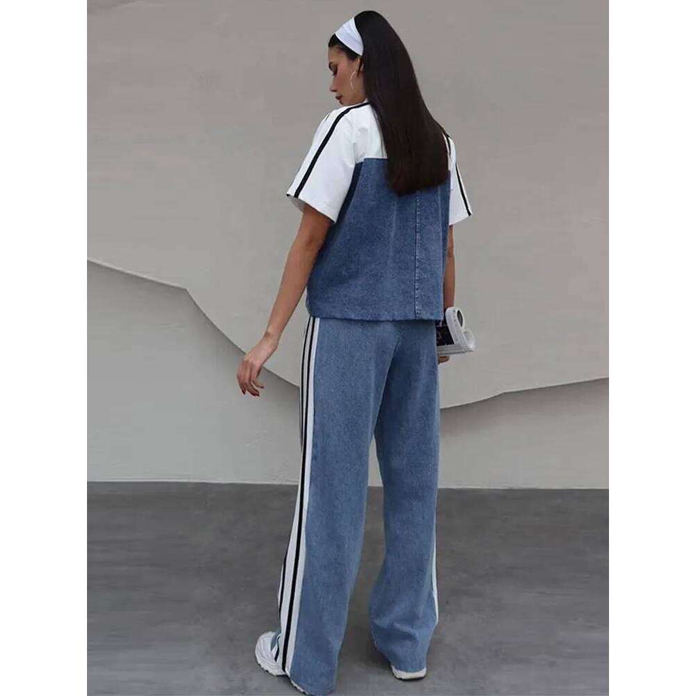 Women's Sporty Style Denim Pants Set White-Contrast Jacket Matching High Waist Side Stripes Jeans New Casual Streetwear