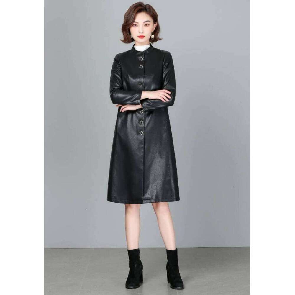 New Women Trench Casual Fashion O-Neck Single Breasted Loose Sheepskin Tops Coat Long Outerwear Split Leather