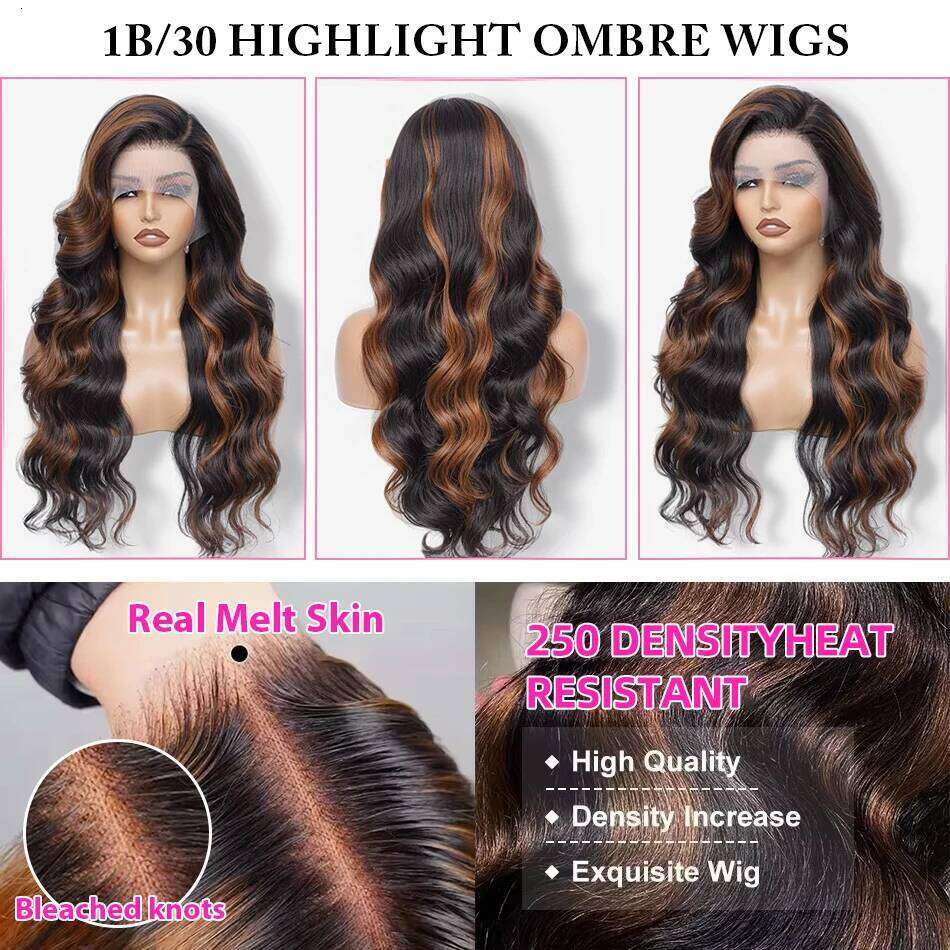 250 Density 30 32Inch 1B/30 Black Brown Body Wave 13x6 HD Frontal Human Hair Wig Color Ombre Highlight 13x4 Lace Front Wigs